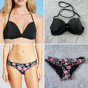 Shade & Shore Ruffle Floral Halter Bikini Swim Set Black Pink 34D Medium Bottom